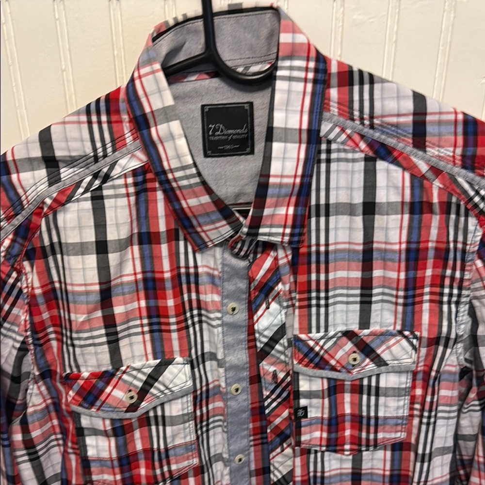 7 Diamonds Red and Black Casual Button Down Shirt